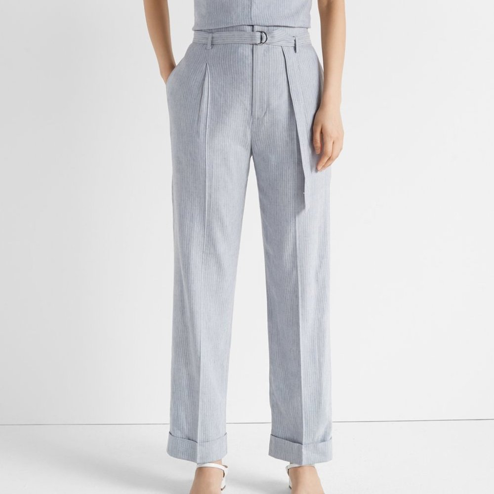 Club Monaco Belted Long Trouser Blue White Pinstripe Cuffed Hem Linen Blend